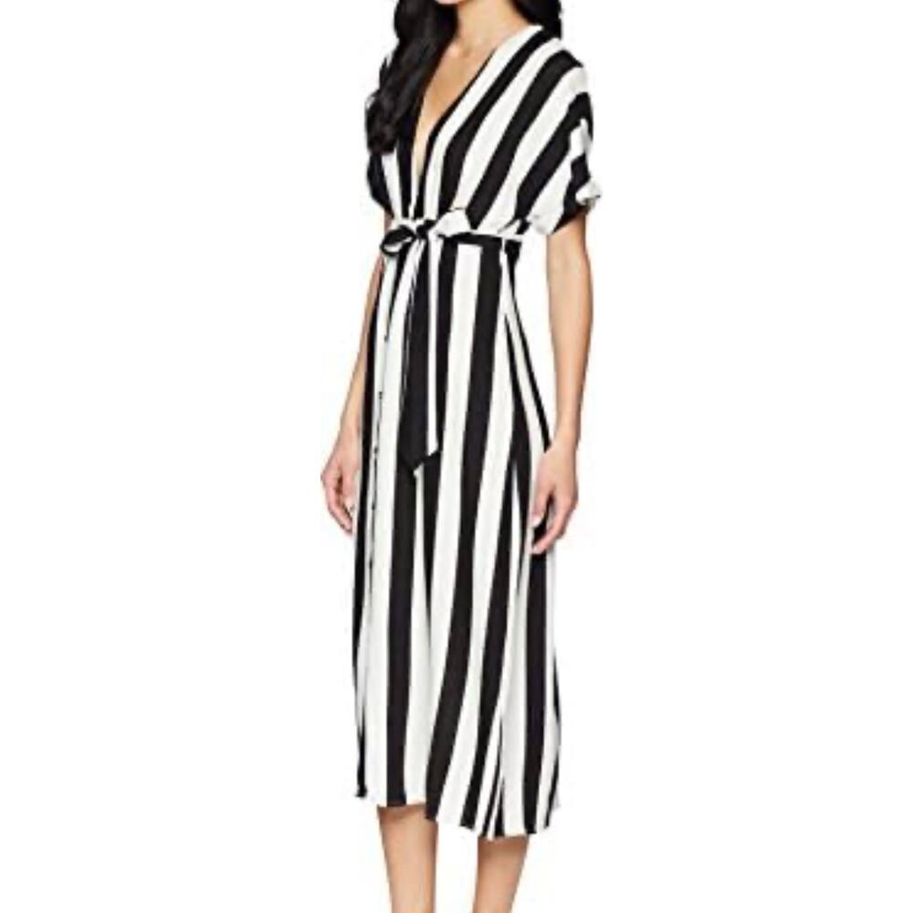 Bardot‎ Revolve Adley Button Midi Dress Black White Stripe Linen Blend M Casual